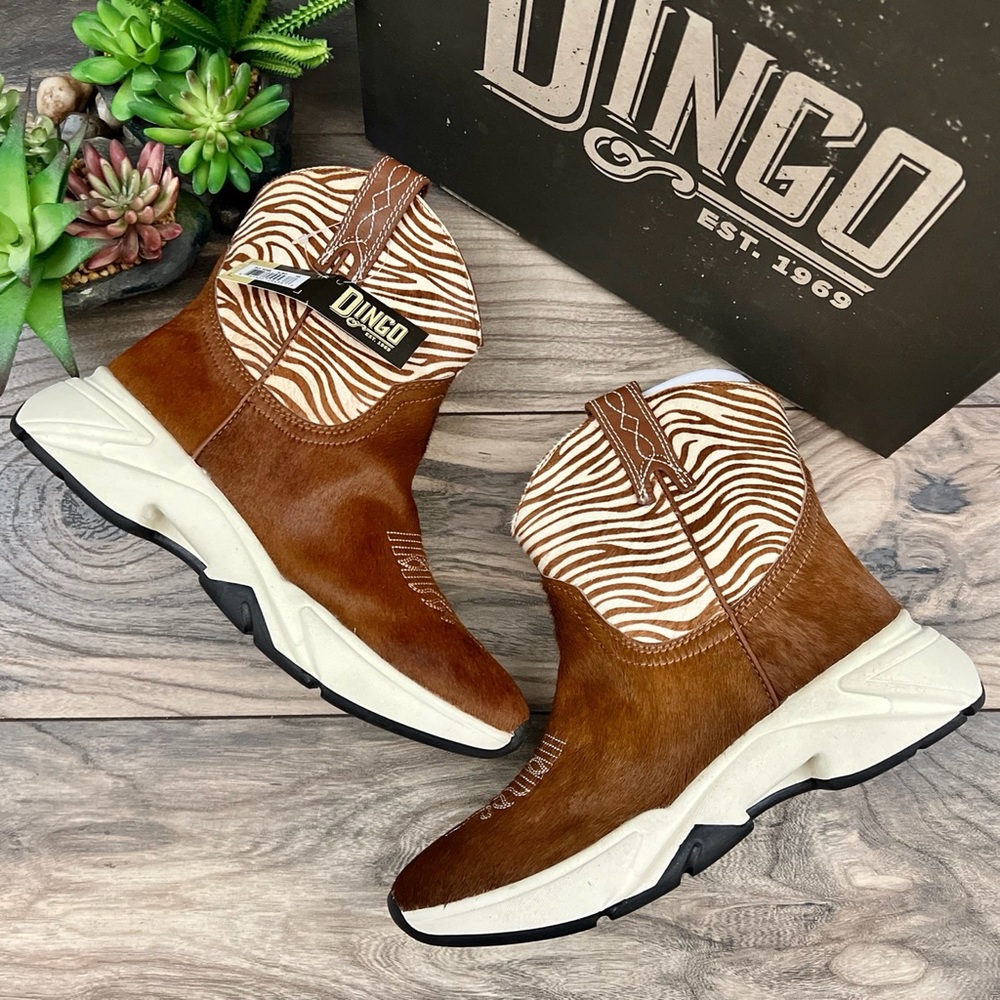 NIB Dan Post Dingo Safari Haircalf Western Cowboy Sneaker Boots Tan Zebra 9M - Picture 2 of 11